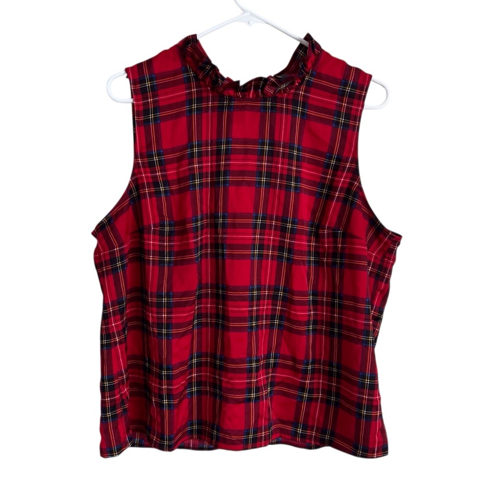 J Crew Red Tartan Plaid Ruffle Neck Tie Back Top Holiday Preppy Sleeveless Large
